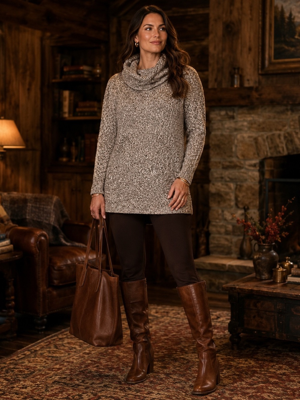 Dana Buchman Signature L Brown Cream Marled Basketweave Cowl Neck Sweater Tunic